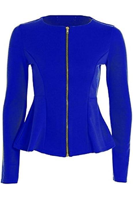 New Womens Plain Zip Peplum Frill Ladies Long Sleeve Tailored Blazer