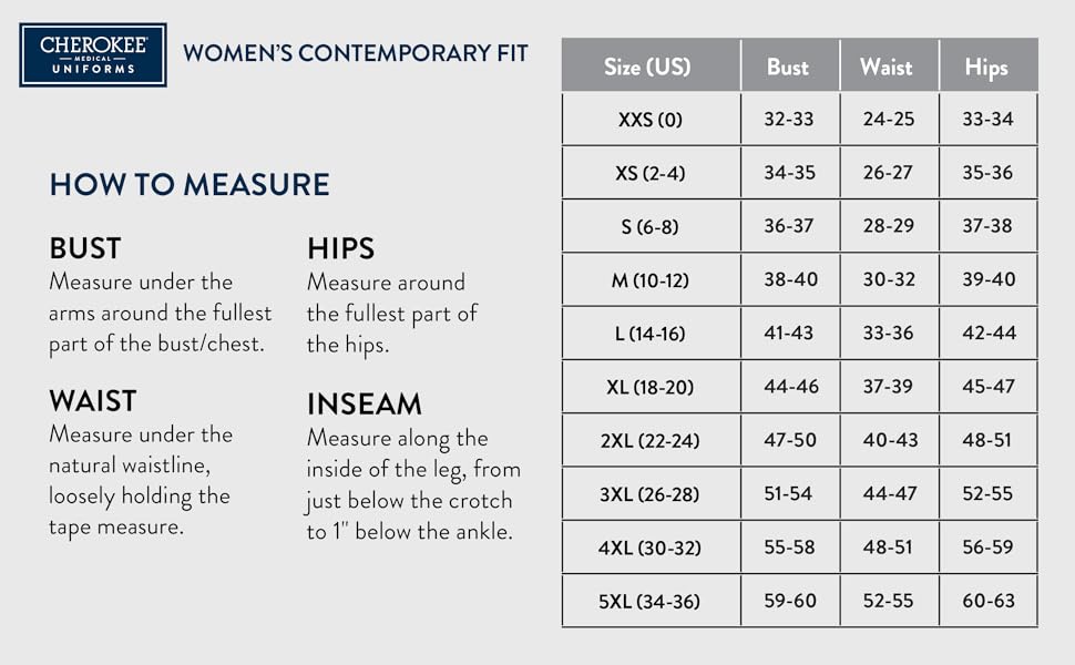 Cherokee Contemporary Fit Women Chart