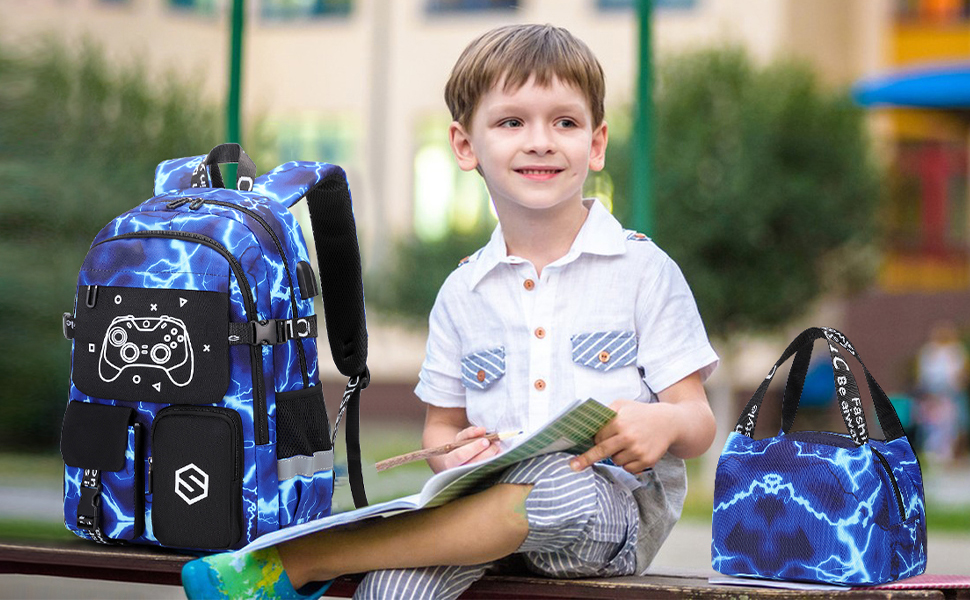 school backpack for boys with lunch bag for Kindergarten Elementary Middle School 3-15 years old