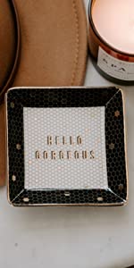 hello gorgeous jewelry dish, jewelry dish, tile look dish, black and white decor