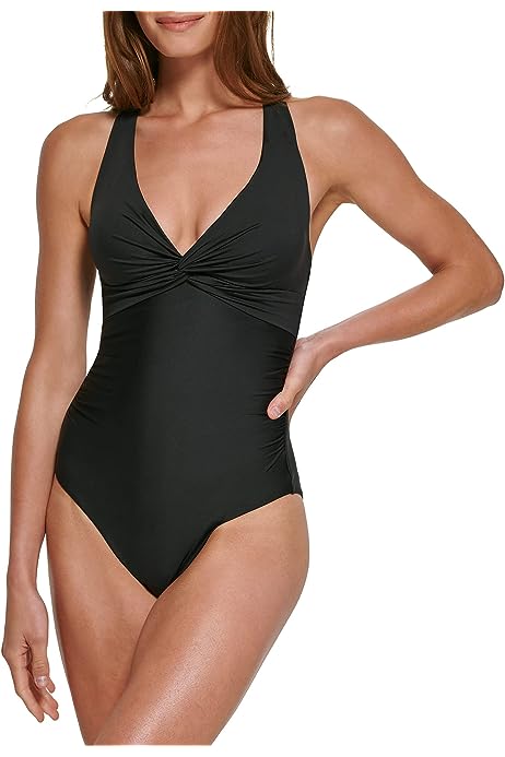 Standard V-Neckline Shirred Front Strappy Back Ring Detail One Piece Swimsuit