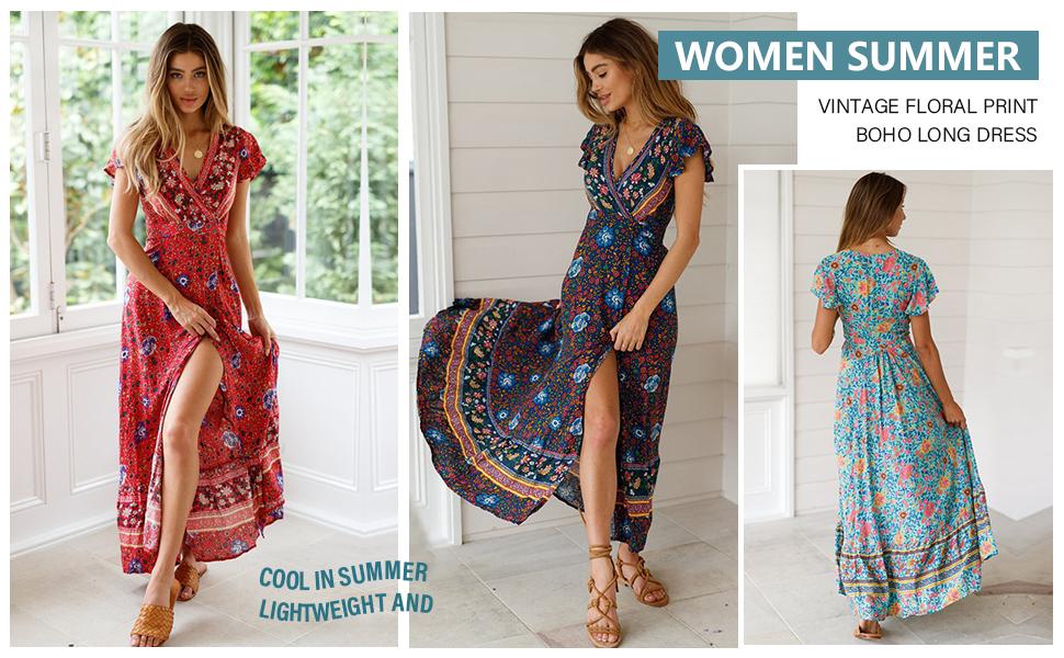 Summer V Neck Wrap Vintage Floral Print Short Sleeve Split Belted Flowy Boho Beach Long Dress