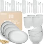 Wheat Straw Dinnerware Sets (28 pcs) | Unbreakable Dinnerware Sets | Dishwasher Microwave Safe Dinnerware | Eco Friendly Non Breakable Dinnerware Sets | Plates, Bowls, Cups, Cutlery | Grey