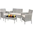 Greesum Patio Furniture 4 Pieces Conversation Sets Outdoor Wickerr Rattan Chairs Garden Backyard Balcony Porch Poolside loveseat with Soft Cushion and Glass Table, Gray and Beige