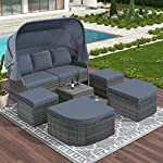 GLORHOME Outdoor Rattan Daybed Rectangle Sunbed Furniture with Retractable Canopy and Seperate Seating,Convetile Sectional Sofa Set w/Washable Cushions,Grey, Grey2