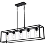 Kitchen Island Light 5-Light, Farmhouse Chandelier 40.9 inch, Pendant Lighting Fixture for Dining Room Black Rectangle with Glass Shade