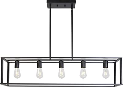 VINLUZ Farmhouse Chandeliers 5-Light Black Dining Room Lighting Linear Contemporary Metal Pendant Light Large Industrial Rustic Hanging Ceiling Light Fixtures for Kitchen Island Foyer Bar