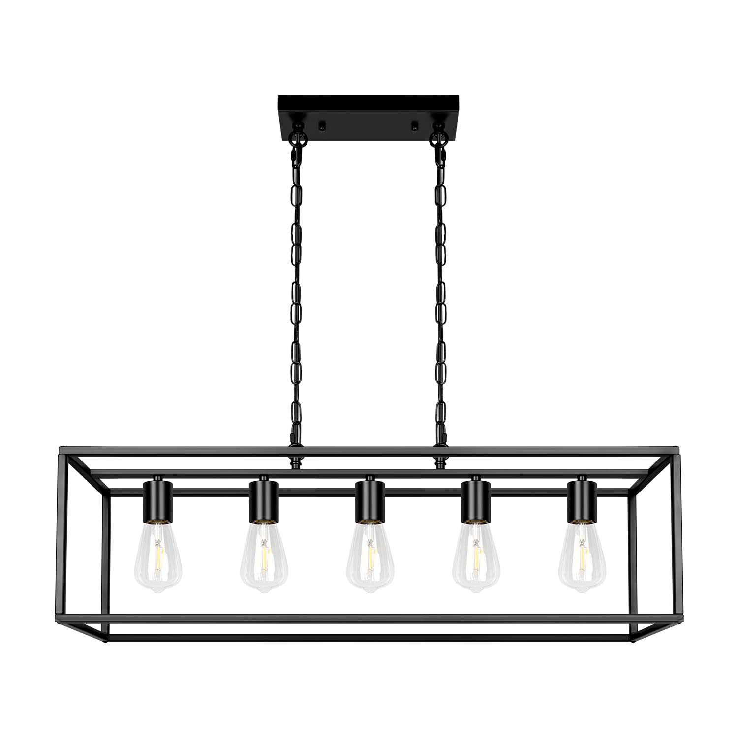 Black Farmhouse Kitchen Island Lighting Modern Linear Chandelier Industrial Dining Room Rectangular Light Fixtures for Living Room Foyer Bar (Black, 5-Light)