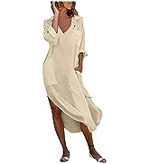 HUANKD Women''s Cute Fall Dresses Color Button Slit Loose Breathable Casual Shirt Cotton Linen Dre...