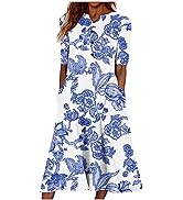 Women''s Floral Dresses 2023 Casual Printed V-Neck Short Sleeve Button Pocket Beach Swing Dress Fa...