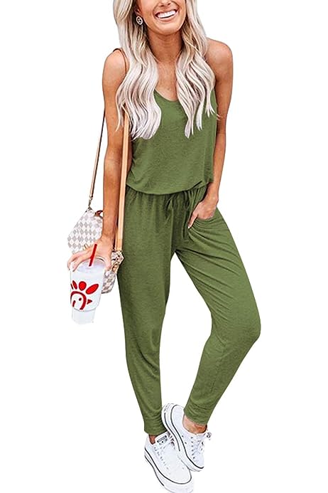 Women's Elegant Scoop Neck Sleeveless Drawstring Casual Jumpsuit with Pockets