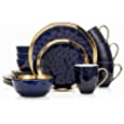 Stone Lain Porcelain 16 Piece Dinnerware Set, Service for 4, Blue and Golden Rim