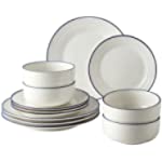 Pokini White Dinnerware Set, 12-Piece Threaded Relief Kitchen Dinner Set, Plates, Bowls, Service for 4, Porcelain Round Embossed Dish Set with Cafe Stripe