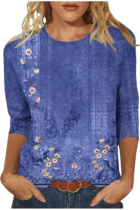 3/4 Sleeve Tops for Women Summer Floral Paisley Print Tees Shirts Trendy Ladies Blouses Dressy Casual Clothing 2023