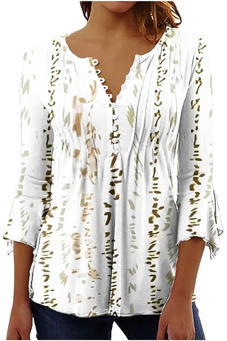Bohemian Tops for Women Trendy 2023 Sexy Elegant t-Shirt Boho Floral Print 3/4 Bell Sleeve v Neck Shirts Blouse