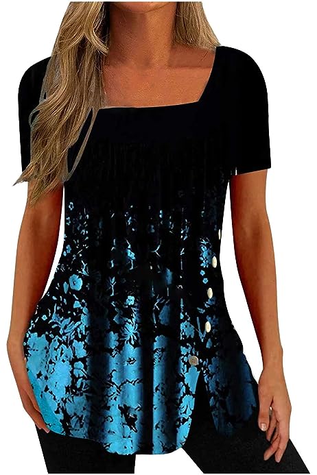 Womens Tunic Tops to Wear with Leggings 2023 Trendy Summer Short Sleeve Square Bohemian Shirts Long t-Shirt with Slit