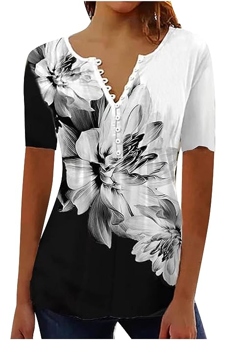 Bohemian Tunic Tops for Women Trendy 2023 Summer Short Sleeve Henley v Neck Shirt Floral Print Dressy Casual Blouse