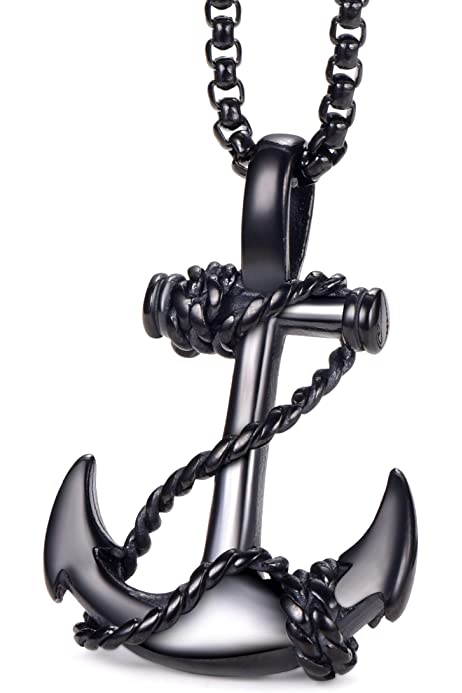 Mens Stainless Steel Nautical Anchor Necklace Vintage Navy Mooring Rope Anchor Pendant with 24 Inches Link Chain