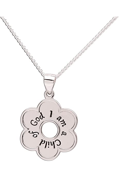 Girl's Sterling Silver"I Am a Child of God" Daisy Necklace Religious Baptism and First Communion Gift for Girls