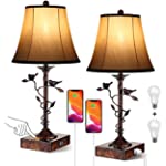 Set of Two Table Lamps for Living Room 3-Way Dimmable Bedside Lamp with USB Port and AC Outlet Small Touch Lamps Bedroom Lamps for Nightstand Lamp Warm White Bed Lamps for Reading (Bulbs Included)