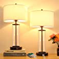 Modern Touch Control Dimmable Table Lamps with 2 USB Ports for Living Room Set of 2, 3-Way Dimmable Bedside Lamps with White Fabric Drum Shades for Reading Bedroom Nightstand Hotel, LED Bulbs Included