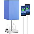 Small Table Lamp with Outlet for Bedroom, Aooshine Bedside Lamp with Dual 2-Prong Charging Ports, Deep Blue Shade &amp; Sliver Base, Bed Lamp Suitable for Nightstand, Living-Room, Office
