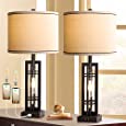 Set of 2 Table Lamps with USB Ports, 27.5&quot; Tall Farmhouse Table Lamp with 2 LED Nightlight Blubs, Bedside Lamp Oil Rubbed Bronze Off White Oatmeal Shade for Living Room Bedroom Home Office