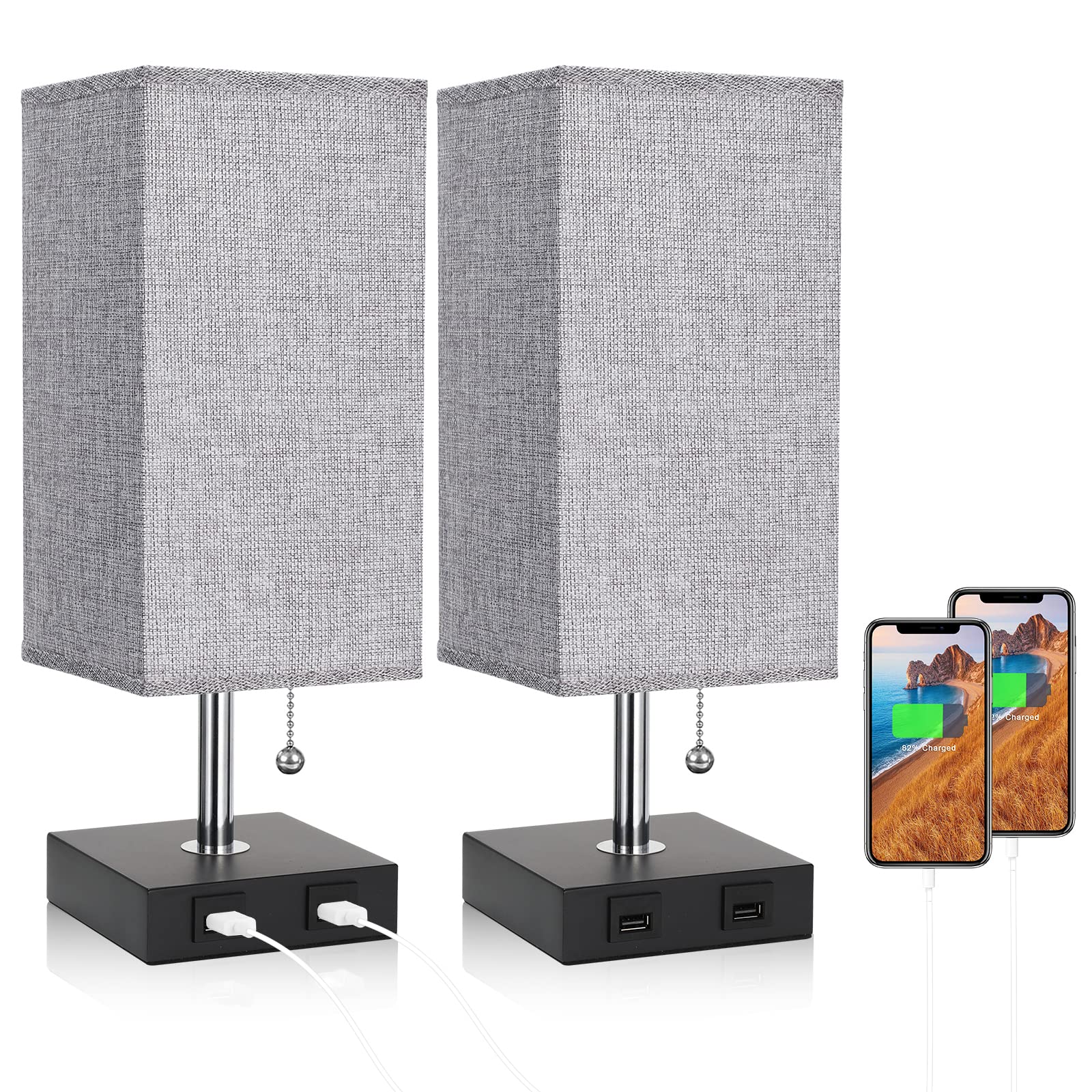 Bedside Lamps for Bedrooms Set of 2 - Table Lamps for Nightstand with USB Ports, Small Night Stand Light Lamp with Grey Fabric Shade for End Table Living Room Home Office Study Room (2 Pack)