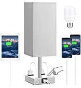Bedside Lamp with USB Port - Touch Control Table Lamp for Bedroom with USB C+A Charging Ports & A...