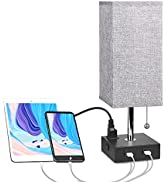 Bedside Lamp with USB Port and Outlet, USB Table Lamp for Bedroom, Small Night Stand Light Lamp f...