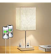 Bed Side Lamp for Bedroom, Night Stand Light Lamps with outlets, Small Square Bedside Lamp with C...