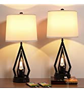Table Lamps for Living Room Set of 2 - Farmhouse Bedroom Lamps for Nightstand with USB Ports, Bla...