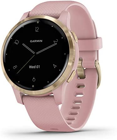 Garmin 010-02172-31 Vivoactive 4S, Smaller-Sized GPS Smartwatch, Features Music, Body Energy Monitoring, Animated Workouts, Pulse Ox Sensors and More, Light Gold with Light Pink Band