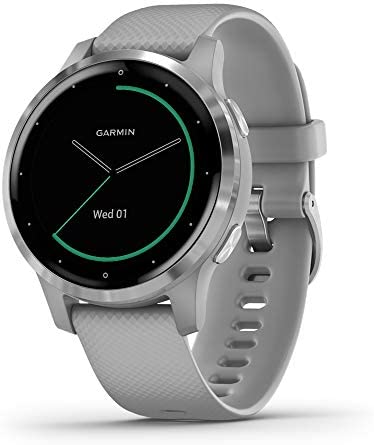 Garmin vivoactive 4S, Smaller-Sized GPS Smartwatch, Features Music, Body Energy Monitoring, Animated Workouts, Pulse Ox Sensors and More, Silver with Gray Band