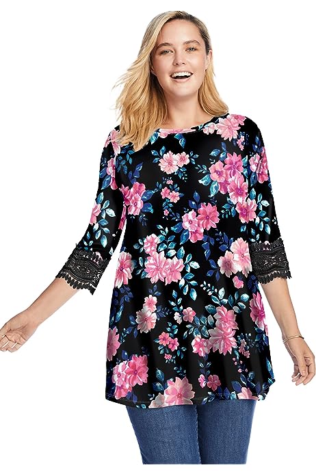 Women's Plus Size Crochet-Trim Three-Quarter Sleeve Tunic