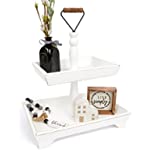 2-Tiered Serving Tray - Wooden Serving Tray And Cupcake Display Stand With 2 Interchangeable Metal Handles - Rustic Farmhouse Tiered Tray Decor Dessert Stands for Countertop Display - White