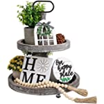 HOMCDALY 4 PCS Farmhouse Two Tiered Tray Décor for Farmhouse Décor, Wooden Farmhouse Kitchen Decor Rustic Home Décor, Farmhouse Sign Windmill Wooden Beads Garland Country Décor for The Home