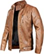WULFUL Men's Vintage Stand Collar Leather Jacket Motorcycle PU Faux Leather Jacket Fleece Lined Winter Outwear