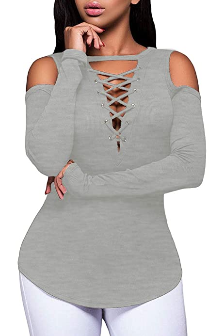 Women's Sexy V-Neck Cold Shoulder Long Sleeve Blouse Shirt Slim Lace-Up Ribbed Stretchy T-Shirt Top