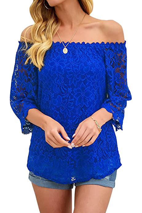 Womens Tops Casual Off The Shoulder 3/4 Sleeve Lace Loose Blouse Dressy Summer Shirts