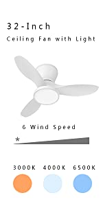 ocioc 32 inch small ceiling fan with LED light white