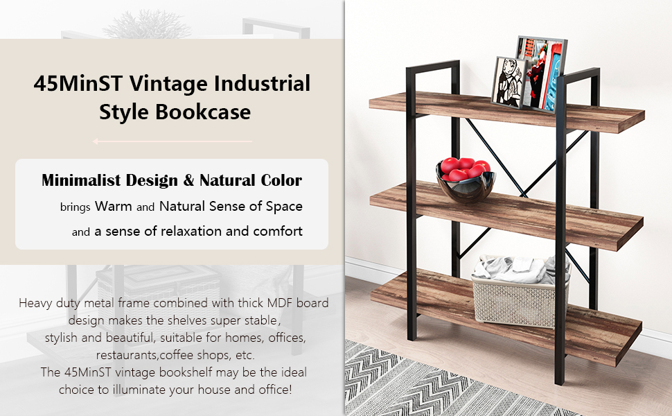 45MinST 5-Tier Vintage Industrial Style Bookcase/Metal and Wood Bookshelf Furniture for Collection
