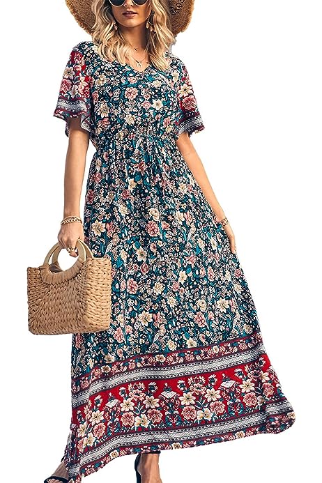 Women's Casual Summer Boho Floral Print Dress V Neck Short Sleeve High Waist Long Maxi Beach Dresses