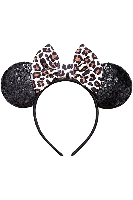 Sequin Mouse Ears Bow Headband, Leopard Cheetah Print Costume Headpiece，Party Decoration Headwear Accessories for Girls Women