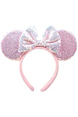 Unisex Minnie Mouse Ears Headbands With Bow & Snowflake & Sequins, for Disney Cartoon Frozen Anna Aisha Princess Costume Cosplay Decoration, Glitter Christmas Party for Girls & Women & Adult; FG1 (Soft Flannel Pink)