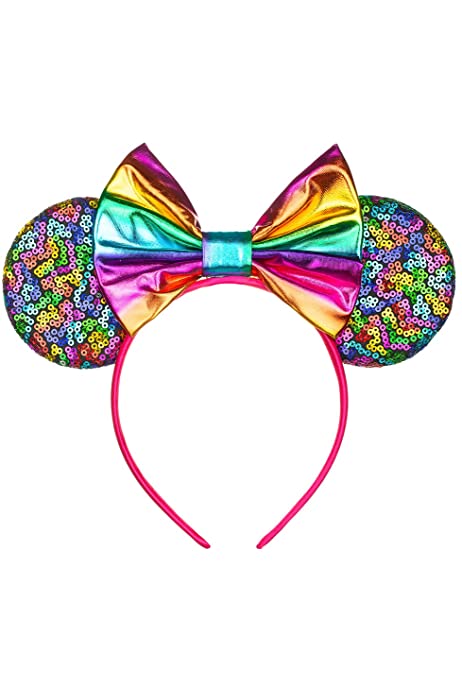 Mouse Ears Headbands Shiny Bows Mouse Ears Glitter Party Princess Decoration Cosplay Costume for Baby Kids Girls & Women Adult (Magic rainbow-1)