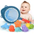 MRSOHRET Baby Bath Toy Set, 6 Different Toys Animals and 1 Shark Fishing Net, Bath Time Toy Story, Soft Toys, Water Toys, Suitable for Boys and Girls Over 18 Months Old (Blue Shark)