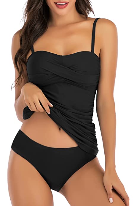 Women's Twist Front Bandeau Tankini Set Two Pieces Ruched Tummy Control Suimsuit with Mid Waist Briefs