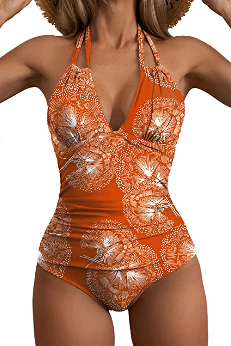 Women's One Piece Swimsuits Tummy Control Halter Slimming Bathing Suit Plunge 1 Piece Swimsuit for Woman