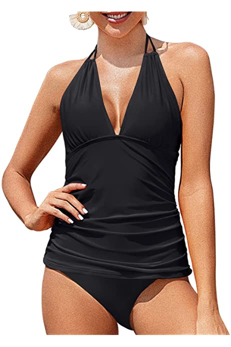 Womens Halter Tankini Swimsuits V Neck Tankini Tops with Bikini Bottom Two Piece Tummy Control Bathing Suits